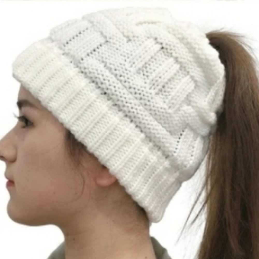 WHITE - PonyTail Knit Beanie